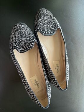 VALENTINO Black Crystal-Studded Leather Loafers